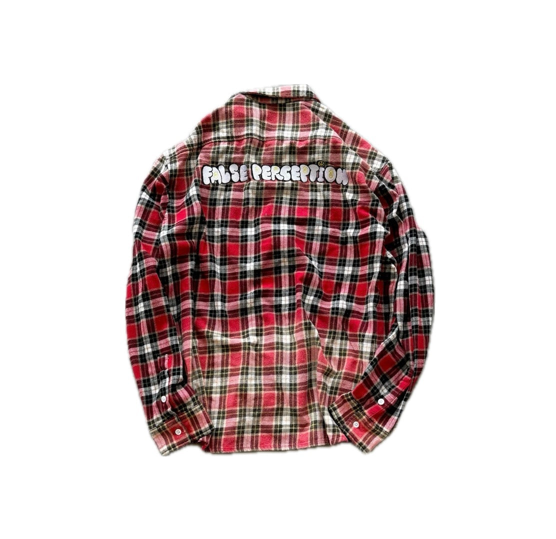 FALSE PERCEPTION Red Plaid Smiley Overshirt
