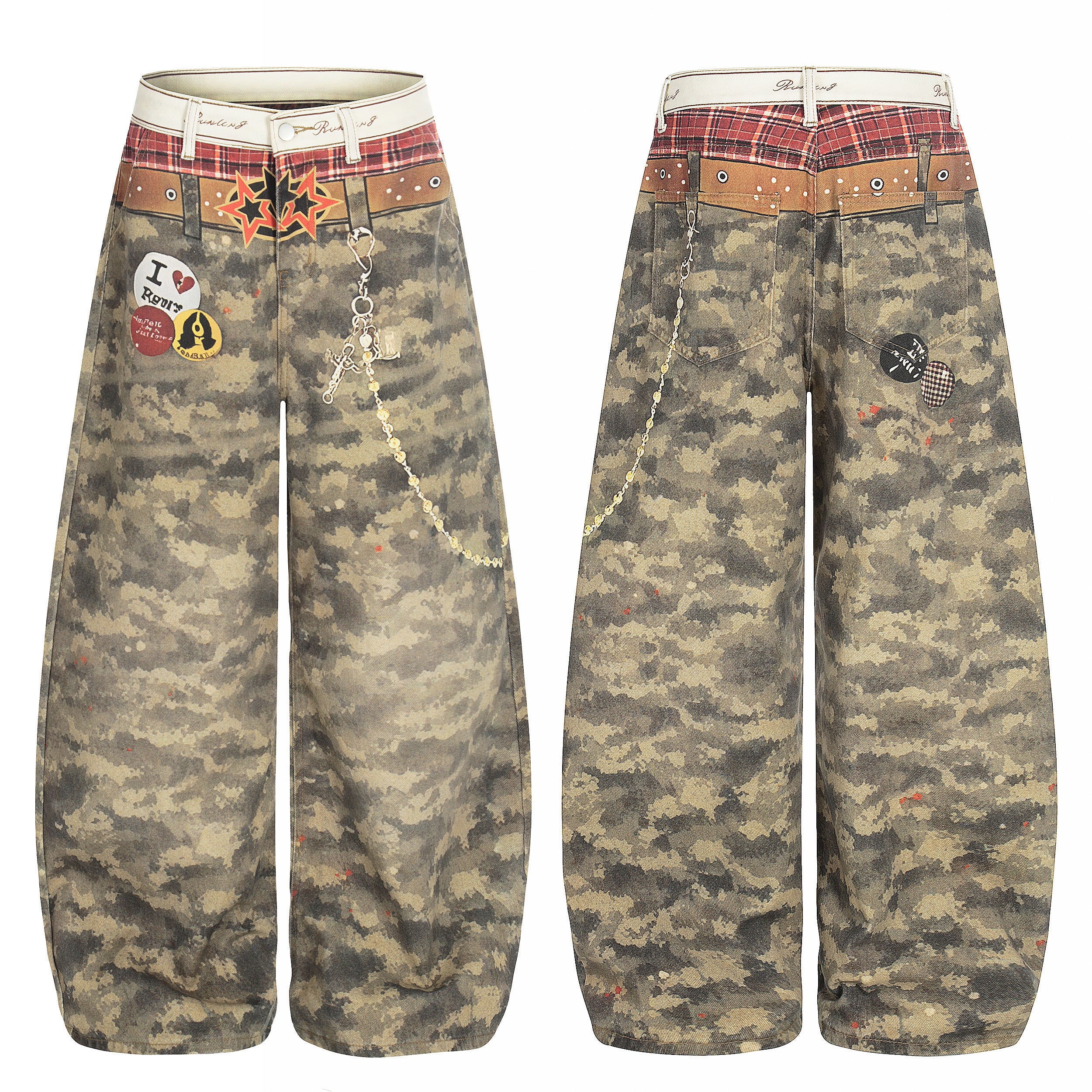 CapCabin Camo Patchwork Wide-Leg Denim Pants